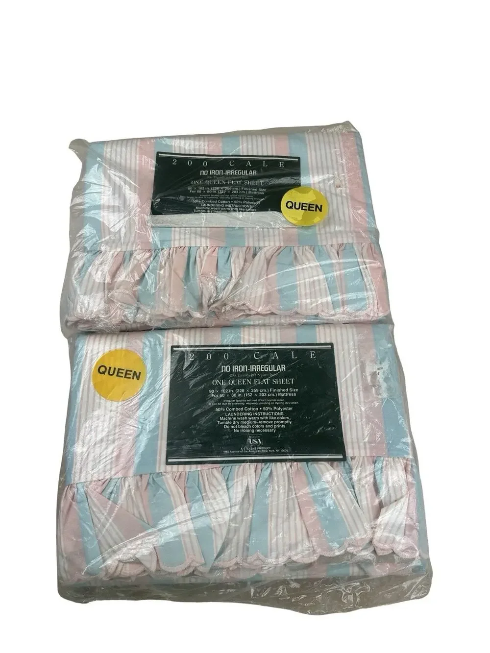 2 Vintage Cale Queen Flat Sheets Pink Blue Stripe Ruffle NOS No Iron Irregular